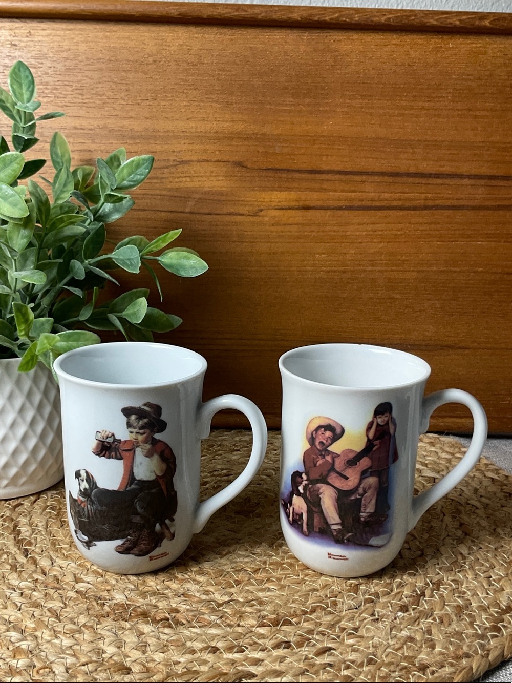 Norman Rockwell Mugs Set of 2 Boy and Dog Porcelain Cups PMC Vintage
